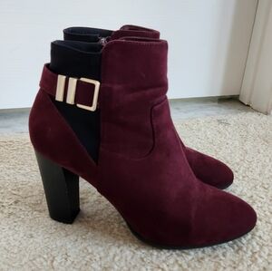 Burgundy Suede Ankle Booties with Gold Buckle